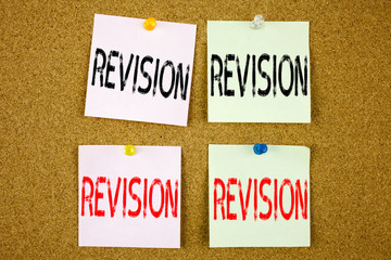 Conceptual hand writing text caption inspiration showing Revision Business concept for Repeat Repetition Education Material for Exam on the colourful Sticky Note close-up