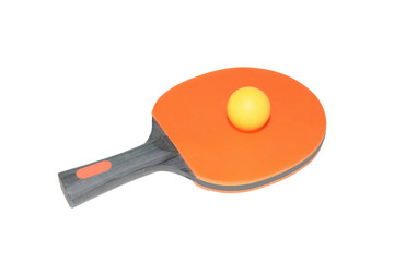 Orange ping-pong paddle with a black wooden handle and yellow tennis ball isolated on white background