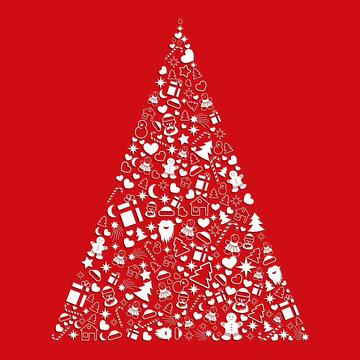 Decorative Christmas tree from a set of vector icons on a red background.