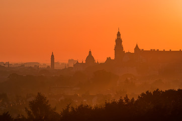 Krakow, Poland, Wawel castle silhouette at sunrise