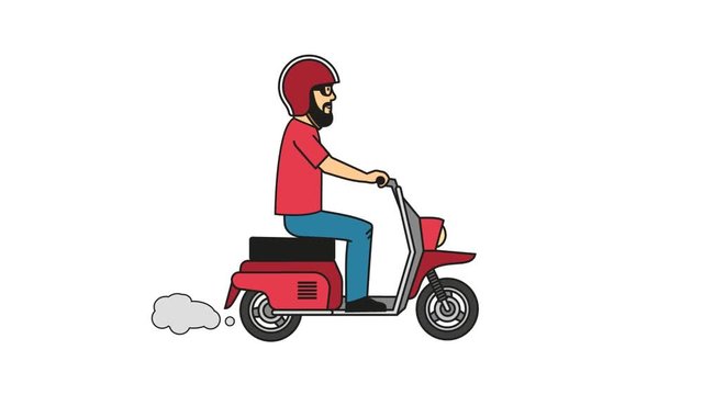 Hipster with beard in red T-shirt and helmet riding a motor scooter. Looped animation with alpha channel.