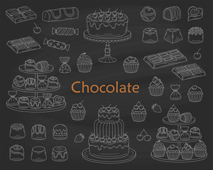 Chocolate dessert collection, with chocolate cakes, chocolate bars, sweet candies and cupcakes, Vector illustration.