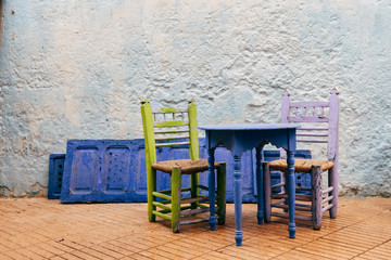 Fototapeta na wymiar colorful furniture at Essaouira old medina, morocco