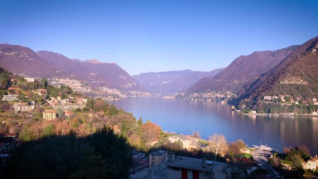 Panorama of Lake Como, with a small Seaplane landing, 4k, recorded by a smartphone