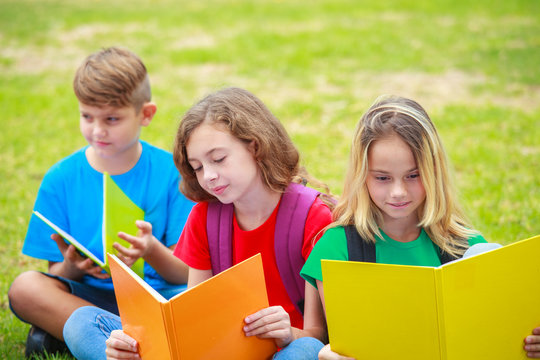 Droup of children reading books at the park