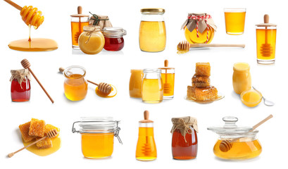 Collage with different kinds of honey on white background