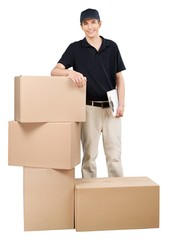 Smiling Deliveryman with Cardboard Boxes