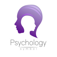 Obraz na płótnie Canvas Modern head logo of Psychology. Profile Human. Creative style. Logotype in vector. Design concept. Brand company. Violet color isolated on white background. Symbol for web, print, card, flyer.