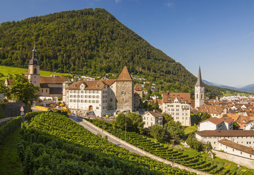 Switzerland - Chur - Towers, roofs, churches and town hall of Chur, capital of canton Graubunden with green winery and forested hill behind