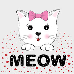 Cute kitty girl saying Meow. Greeting card.