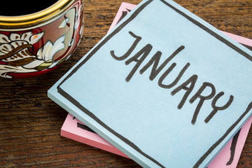January, reminder note with coffee