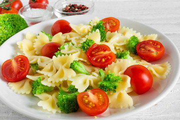 Pasta Salad with broccoli and tomato cherry. vegetarian healthy food