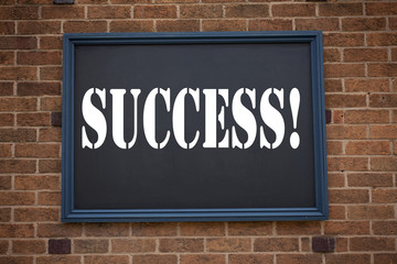 Conceptual hand writing text caption showing announcement Success. Business concept for  Victory Triumph Good Result Favourable Outcome written on frame old brick background and copy space