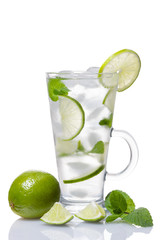 Alcohol coctail mojito with lime and mint isolated on white background