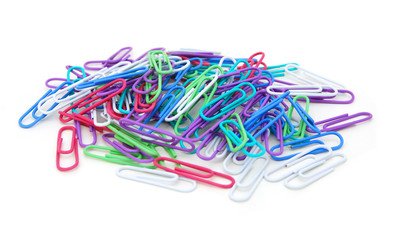 Colorful paper clips isolated in white