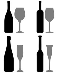 Black silhouettes of bottles and glasses on a white background