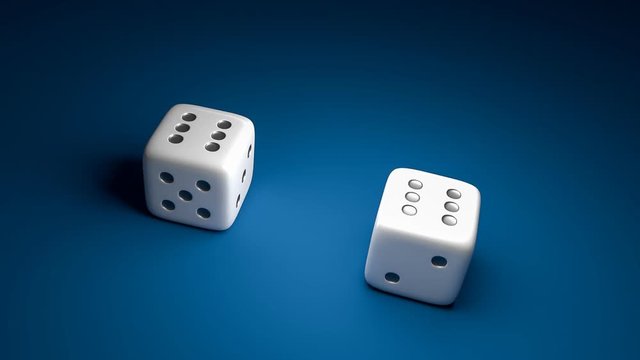 Two dice with number six on blue casino background - gambling concept