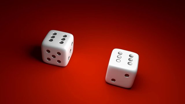 Two dice with number six on red casino background - gambling concept