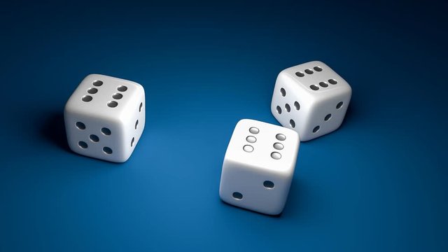 Three dice with number six on blue casino background - gambling concept