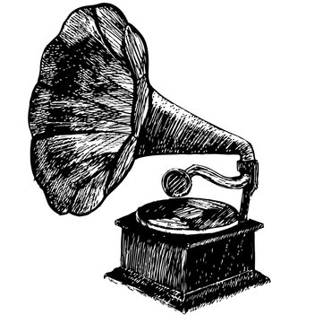 Hand drawn gramophone, sketch. Vintage vector illustration