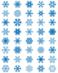 Set of different blue snowflakes on a white background
