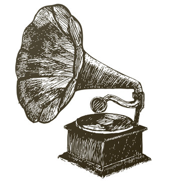 Hand drawn gramophone, sketch. Vintage vector illustration