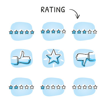 Icon set of quality and rating stars, from one to five stars rating, thumb up and thumb down gesture. Hand drawn sketch vector illustration, blue marker style coloring on single blue tiles.