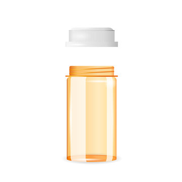 Open and empty pill bottle. Realistic vector illustration. Tablet, prescription,medicine, drug bottle isolated on the white background.