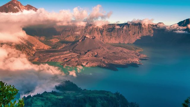Tropical panorama timelapse view of volcano mountain Rinjani in Lombok, Indonesia