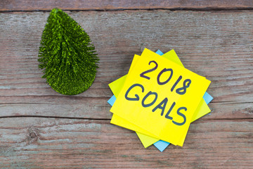  goals 2018 - handwriting in black ink on a sticky note with a  Christmas tree, New Year...