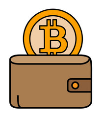 Bitcoin coin behind the leather wallet