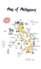 Map of attractions of Philippines, watercolor hand drawn, vector illustration