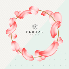 Detailed tender petals of roses or sakura with a frame. Romantic
flower composition. Floral design with logo. Geometric background. Invitation to the wedding, Valentine s Day card.