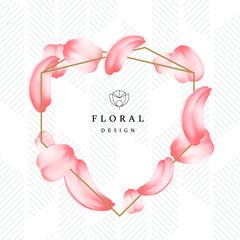 Detailed tender petals of roses or sakura with a frame. Romantic
flower composition. Floral design with logo. Geometric background. Invitation to the wedding, Valentine s Day card.