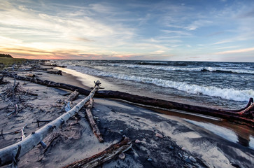 Scenic Great Lakes Coastal beach. Remote beach on the shore of Lake Superior along the Graveyard Coast at  Whitefish Point in the Upper Peninsula of Michigan.