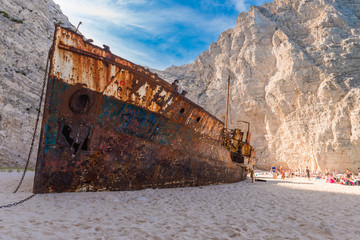Rusty shipwreck on Navagio beach in Greece. Zakynthos island.