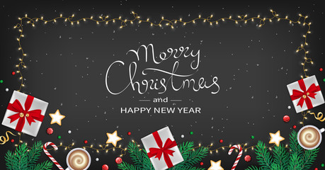 Obraz na płótnie Canvas Merry Christmas and Happy New Year Greeting flyer. Winter Elements fir branches, paper gifts boxes, cup of coffee, cookies, sweets, ribbons in the frame of garlands. Black background.Top View. Vector 