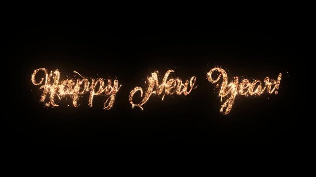 Happy New Year greeting text with particles and sparks on black background, beautiful typography magic design.