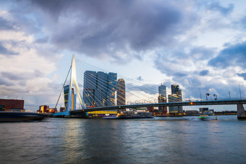 Naklejka premium Rotterdam city after sunset, dramatic sky. Holland, Western Europe