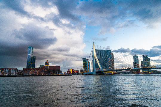 Rotterdam city after sunset, dramatic sky. Holland, Western Europe