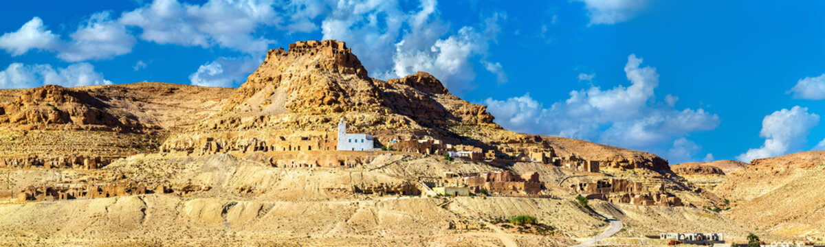 View of Doiret, a hilltop-located berber village in South Tunisia