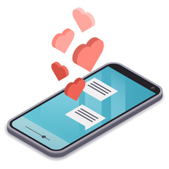 Isometric modern smartphone with blue display isolated on white background. Love correspondence in a messenger. Red Hearts flying out of phone screen. Likes in social networks. Vector illustration.