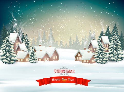 Holiday Christmas background with a winter village and  trees. Vector.