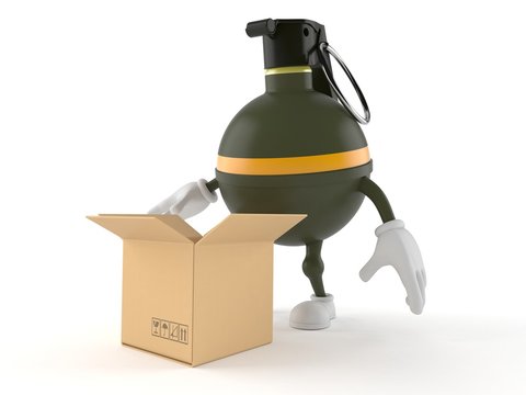 Hand grenade character with open box