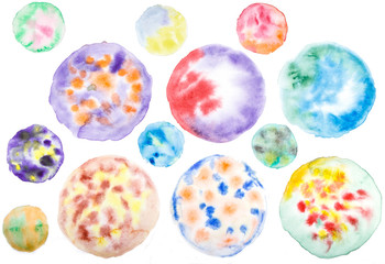 Watercolor hand painted circle shape elements. Isolated on white.
