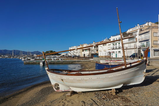 Spain traditional fishing boat on the beach, Mediterranean village El Port de la Selva, Catalonia, Costa Brava, Alt Emporda
