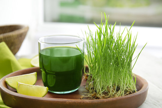 Plate with glass of wheat grass juice on table