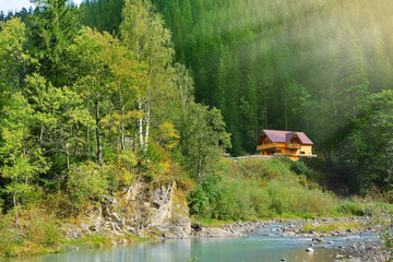 Beautiful landscape with house on sunny day