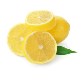 Fototapeta na wymiar Fresh ripe lemon and slices on white background