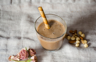 Almond milk mixed with favorite cafe latte superfood drink. Healthy living life.
